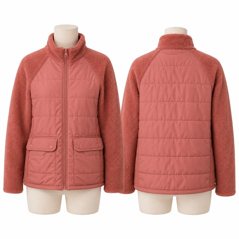 Lands End Women's S Sherpa Outer Zip Front Dark Coral Four Pocket Jacket